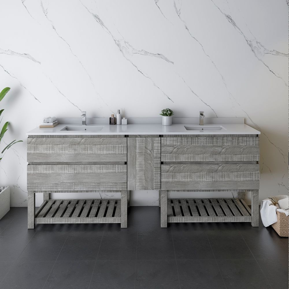84" Floor Standing Open Bottom Double Sink Modern Bathroom Cabinet w/ Top & Sinks in Ash