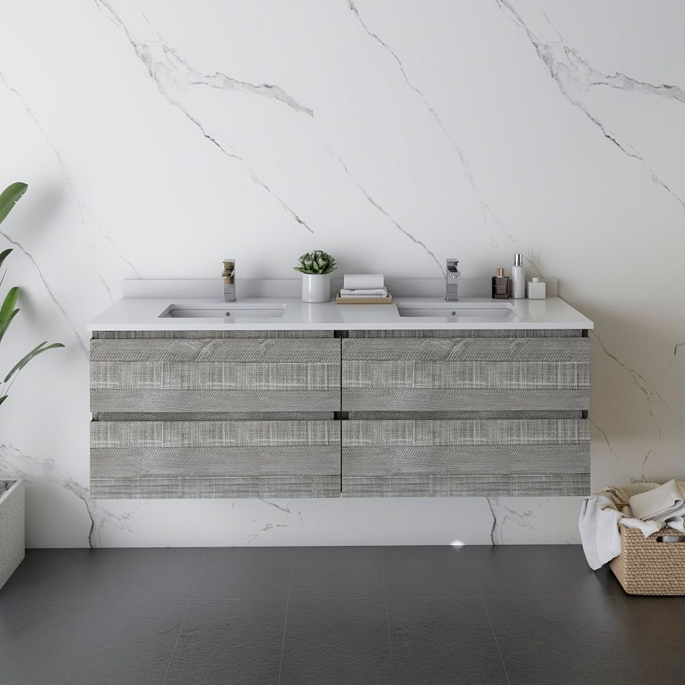 60" Wall Hung Double Sink Modern Bathroom Cabinet w/ Top & Sinks in Ash