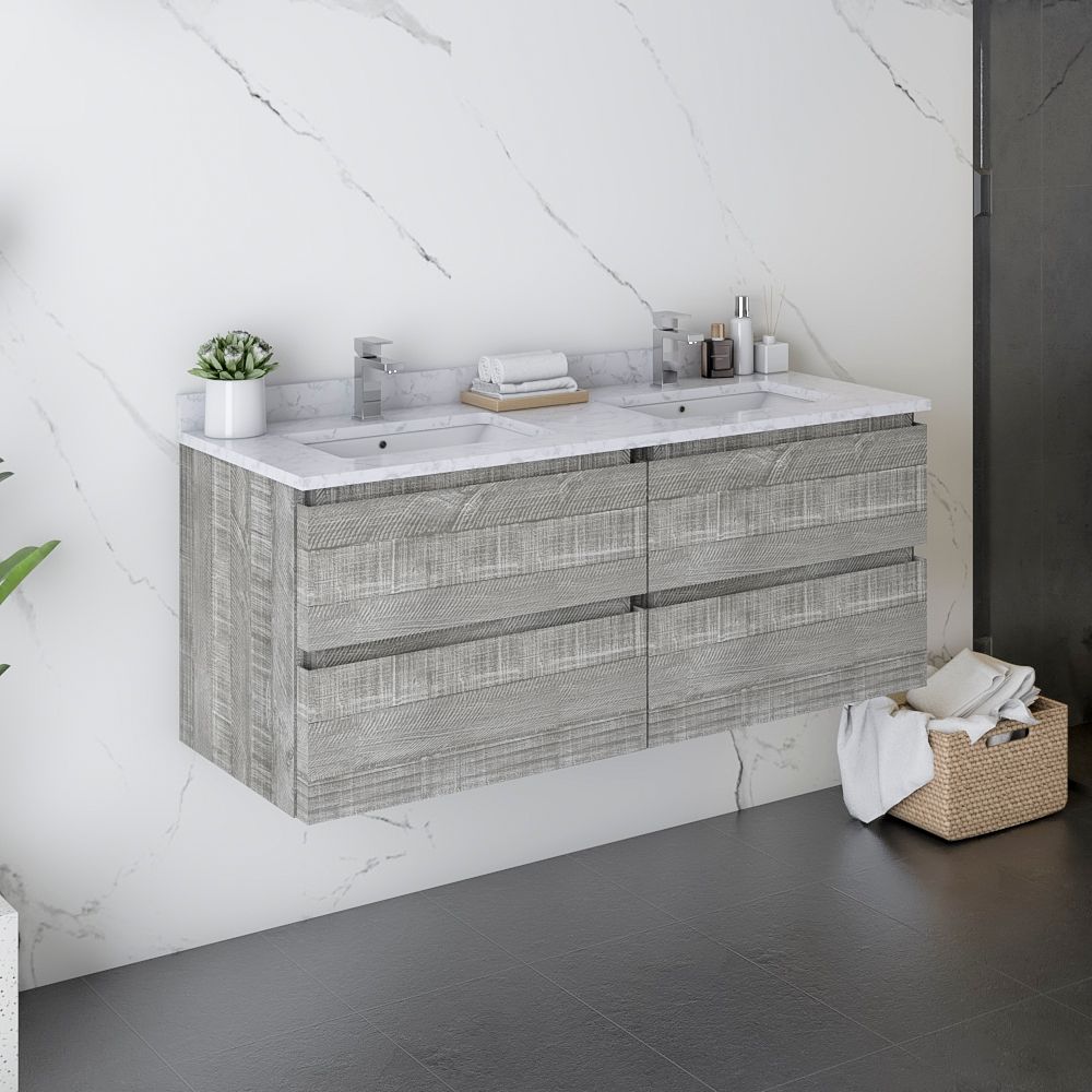 48" Wall Hung Double Sink Modern Bathroom Cabinet w/ Top & Sinks in Ash