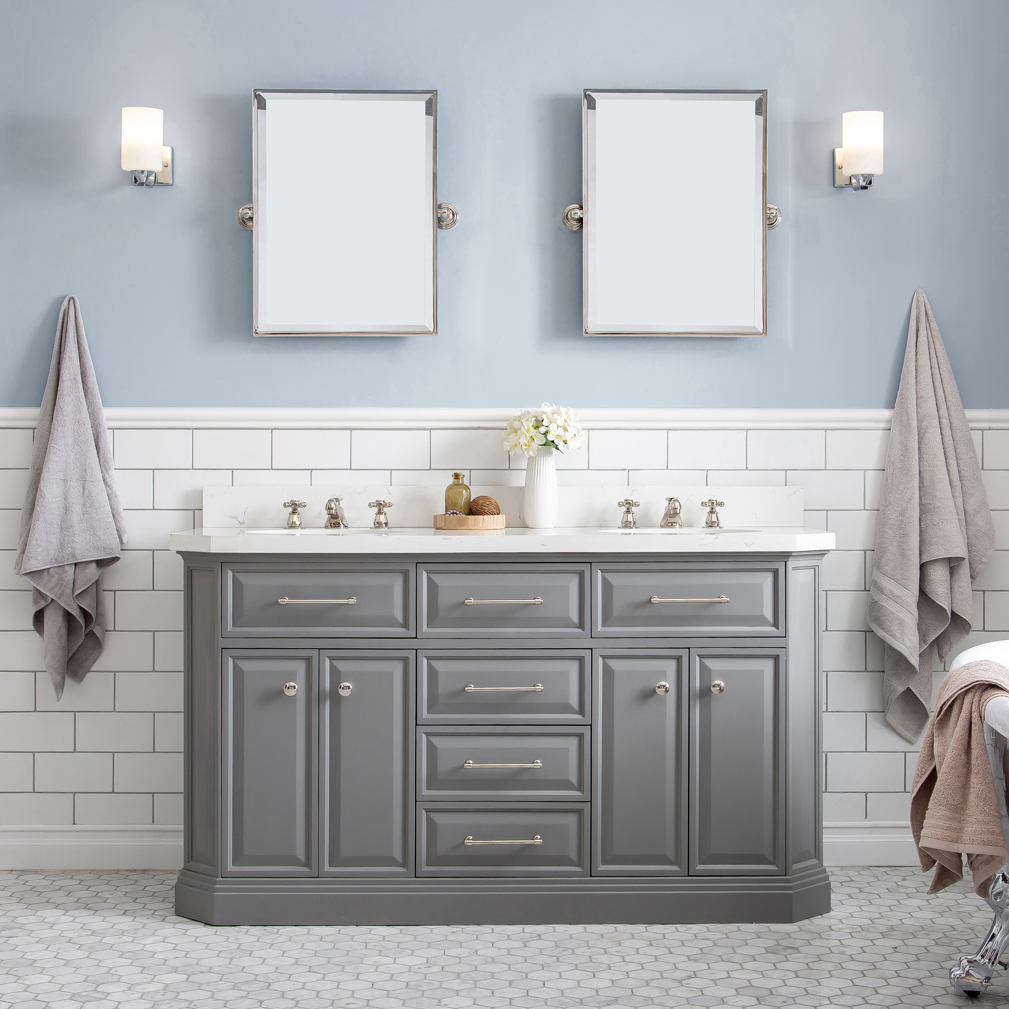 60" Traditional Collection Quartz Carrara Cashmere Grey Bathroom Vanity Set With Hardware in Polished Nickel (PVD) Finish