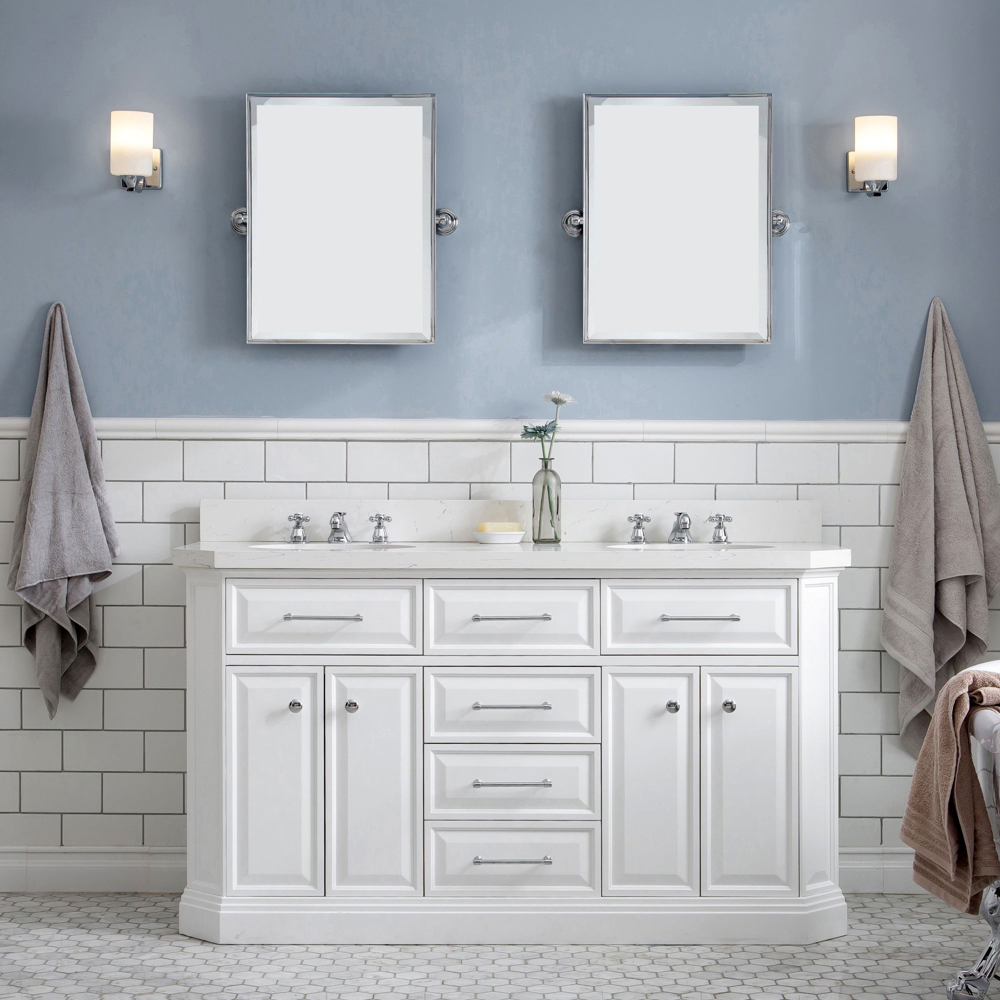 60" Traditional Collection Quartz Carrara Pure White Bathroom Vanity Set With Hardware in Chrome Finish