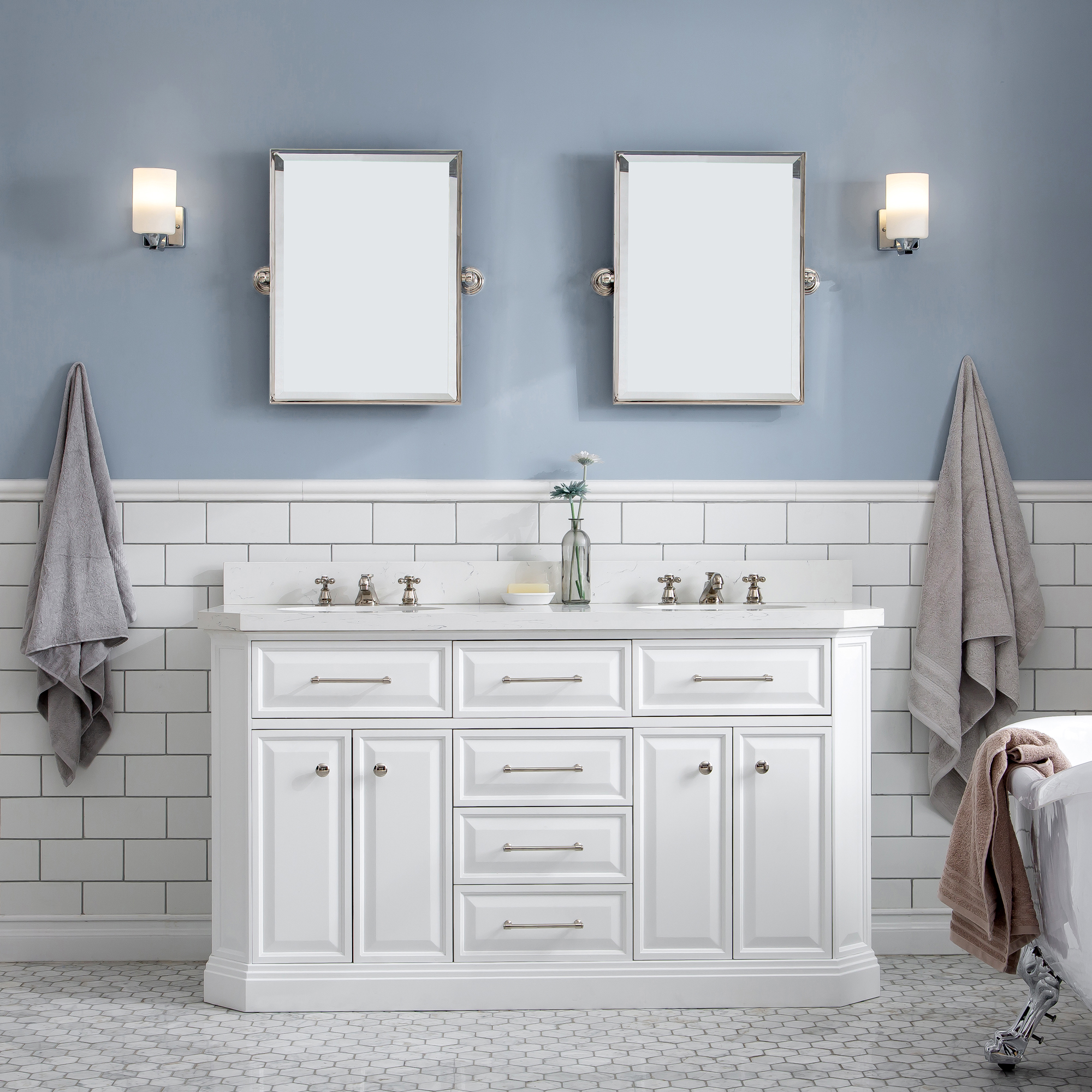 60" Traditional Collection Quartz Carrara Pure White Bathroom Vanity Set With Hardware in Polished Nickel (PVD) Finish