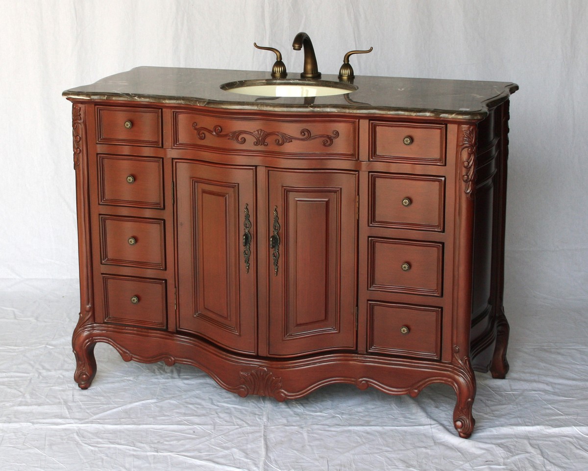 48" Adelina Antique Style Single Sink Bathroom Vanity in Cherry Finish with Light Brown Stone Countertop
