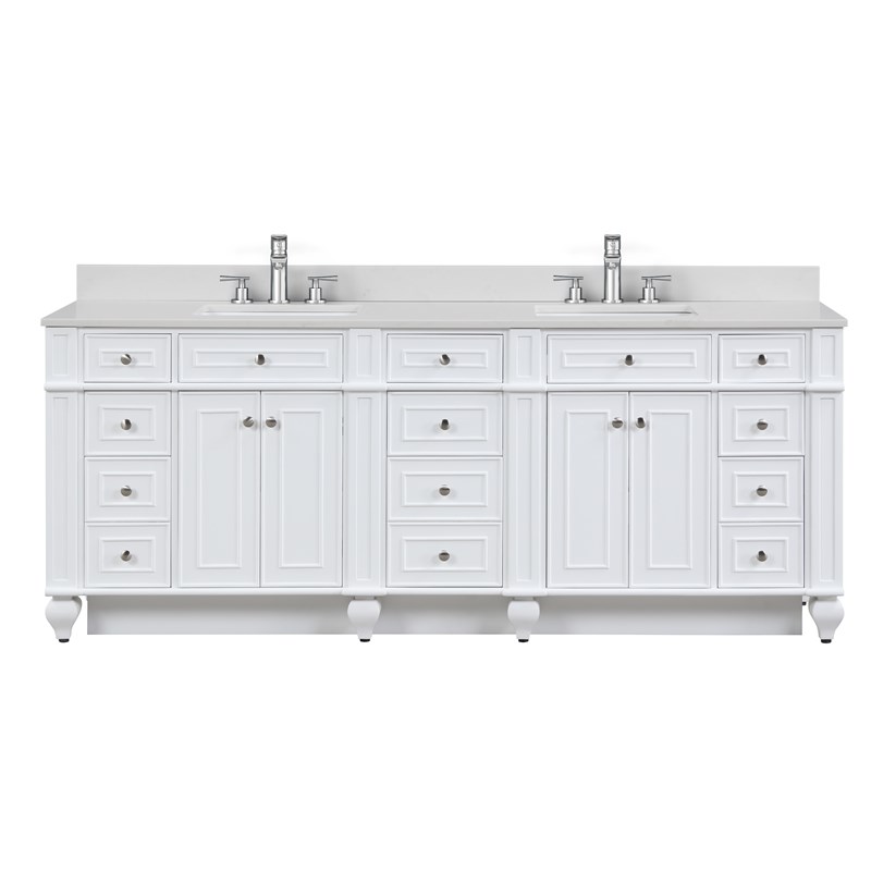 Traditional 84" Double Sink Vanity with 0.75" Thick White Quartz Countertop in White Finish
