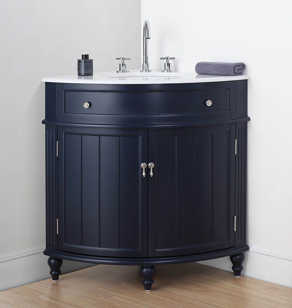 24" Single Sink Navy Blue Bathroom Vanity with White Marble Countertop