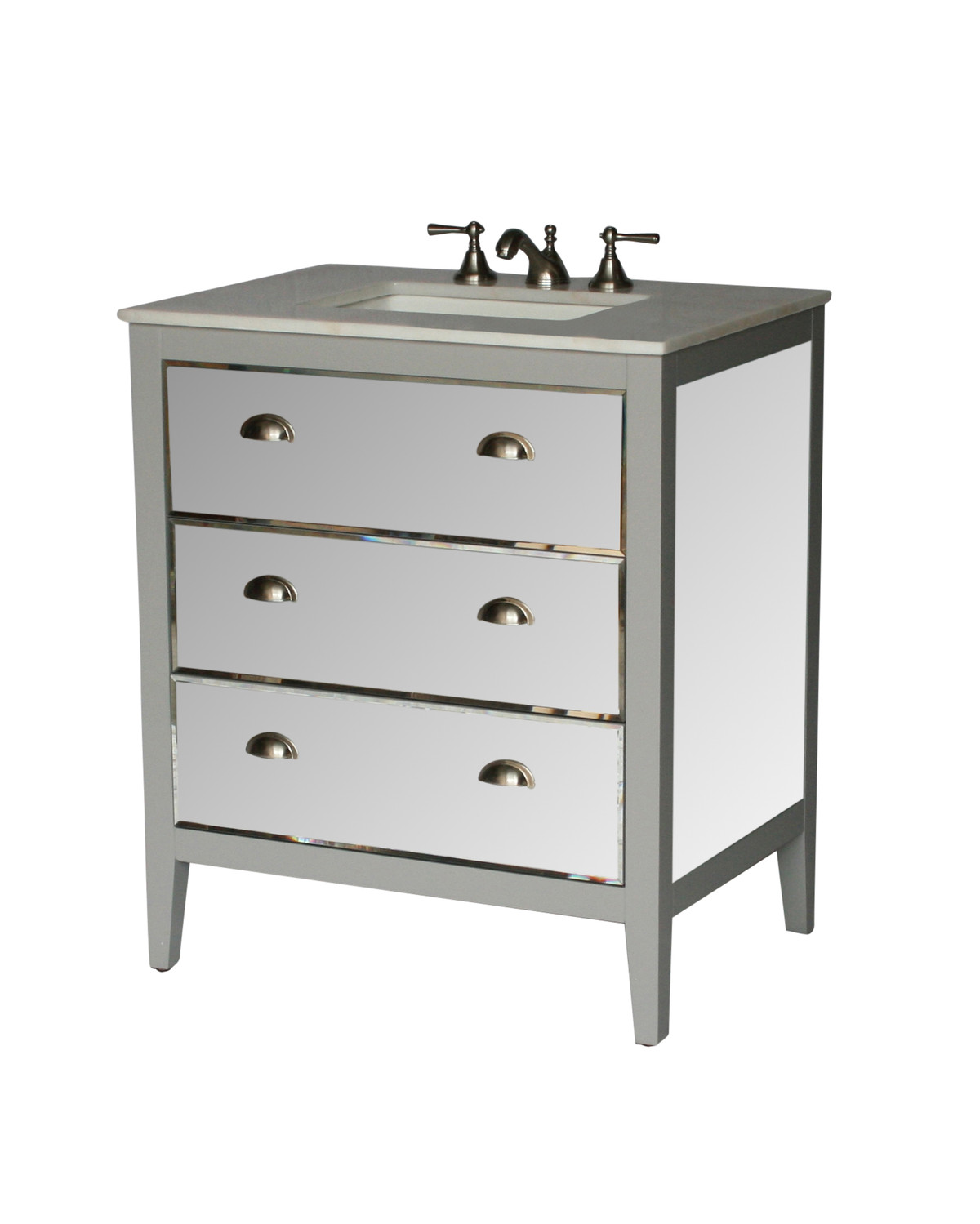 30" Adelina Contemporary Style Single Sink Bathroom Vanity with Imperial White Stone Countertop and Mirrored Cabinet in Gray Trims Finish