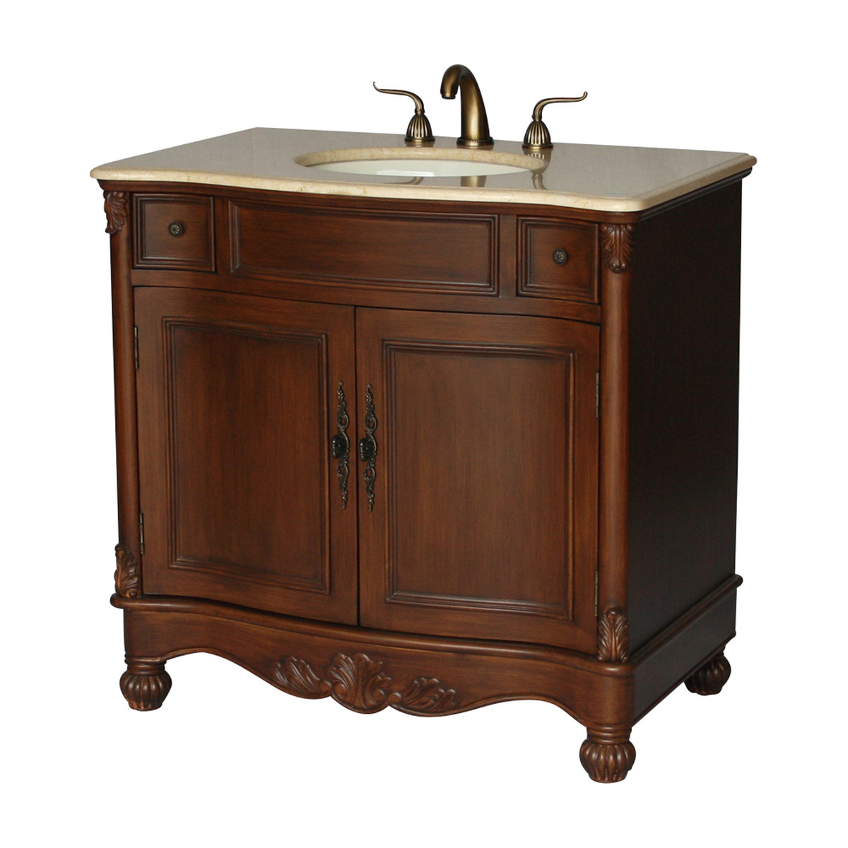 36" Adelina Antique Style Single Sink Bathroom Vanity with Beige Stone Countertop and Walnut Finish