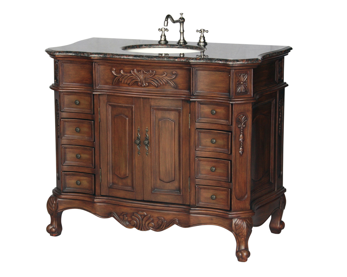 42" Adelina Antique Style Single Sink Bathroom Vanity in Walnut Finish with Coral Brown Granite Countertop