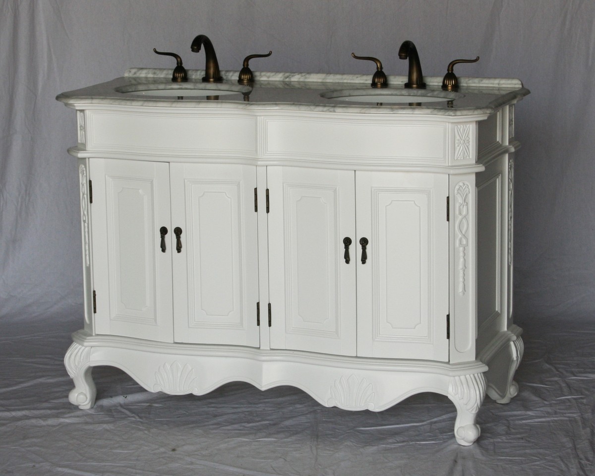 50" Adelina Antique Style Double Sink Bathroom Vanity Pure White Finish with White Italian Carrara Marble Countertop and Oval White Porcelain Sinks