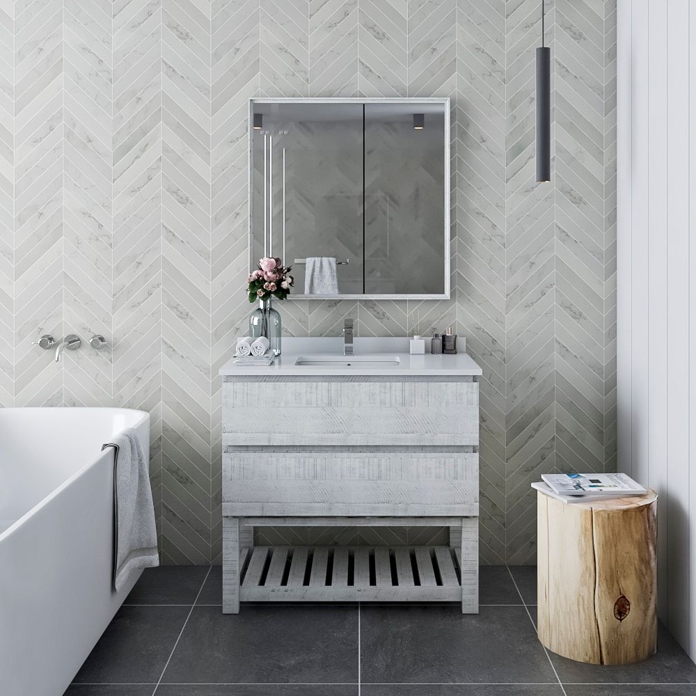 36" Floor Standing Modern Bathroom Vanity w/ Open Bottom & Mirror in Rustic White