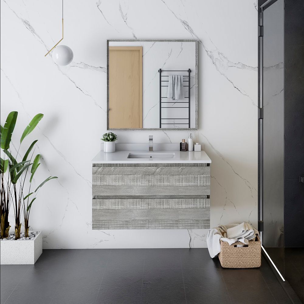 36" Wall Hung Modern Bathroom Vanity w/ Mirror in Ash