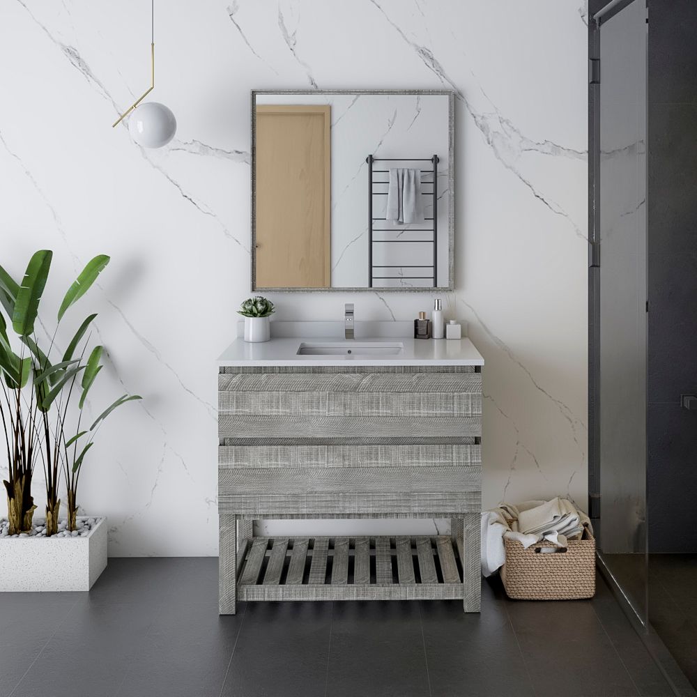 36" Floor Standing Modern Bathroom Vanity w/ Open Bottom & Mirror in Ash