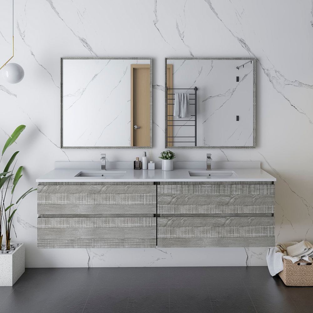72" Wall Hung Double Sink Modern Bathroom Vanity w/ Mirrors in Ash