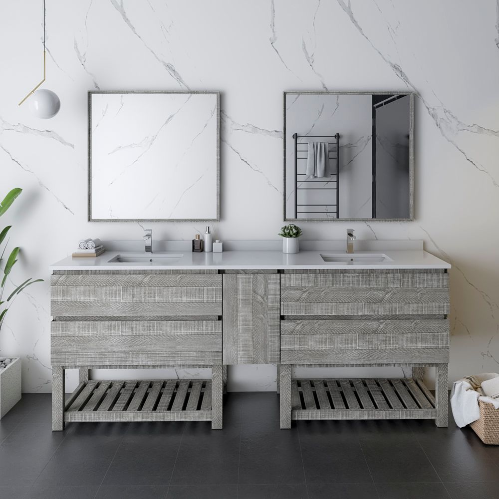 84" Floor Standing Double Sink Modern Bathroom Vanity w/ Open Bottom & Mirrors in Ash