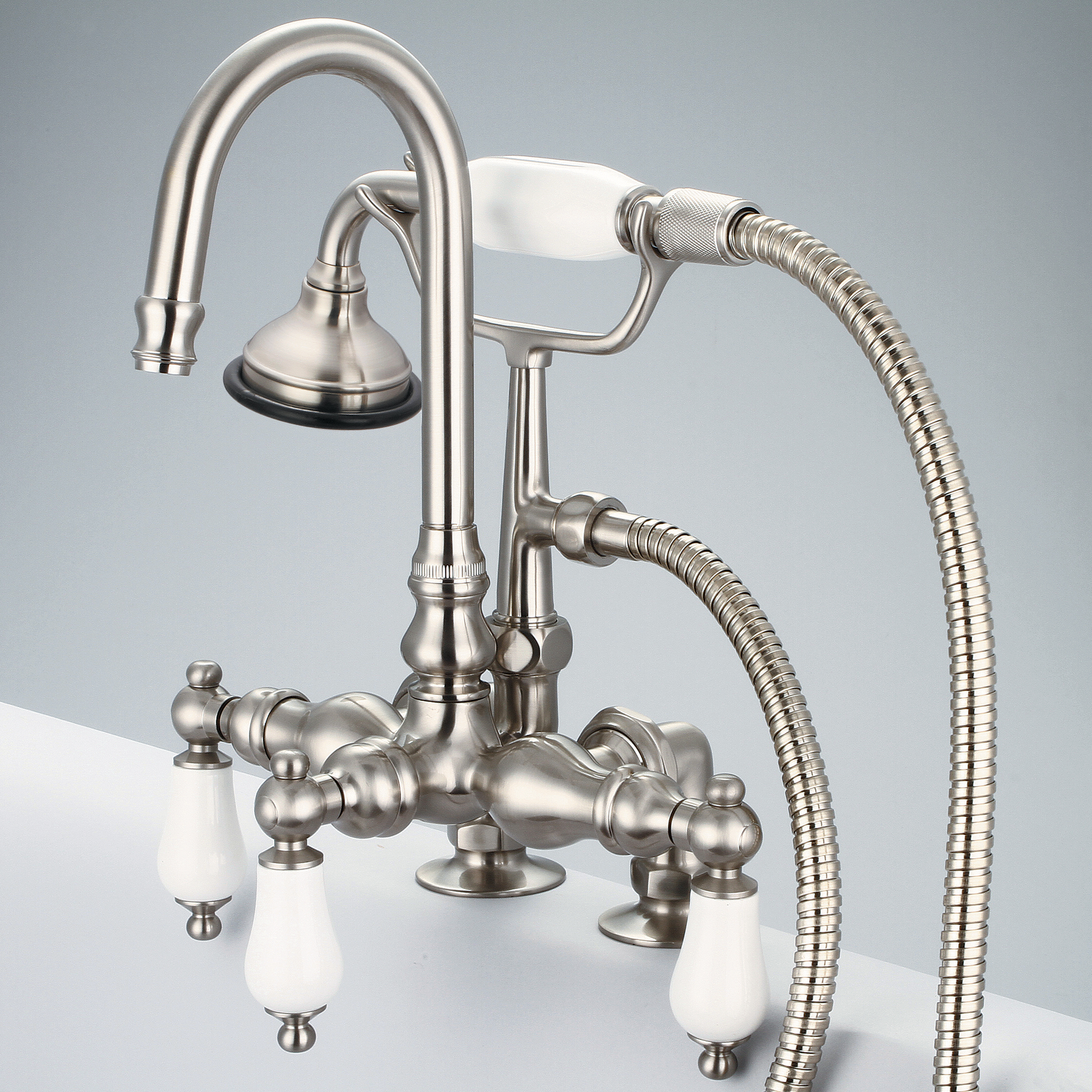 Vintage Classic 3.375 Inch Center Deck Mount Tub Faucet With Gooseneck Spout, 2 Inch Risers & Handheld Shower in Brushed Nickel Finish With Metal Lever Handles Without Labels