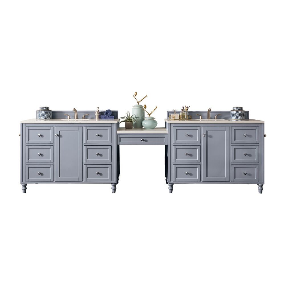 James Martin Copper Cove Encore Collection 122" Double Vanity Set, Silver Gray with Makeup Table