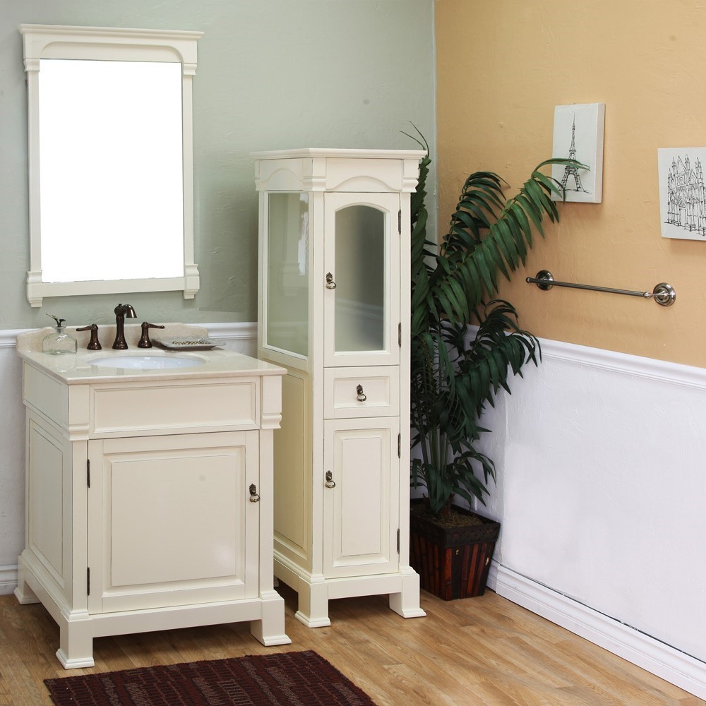 30" Single Sink Vanity-Wood-Cream White with Mirror and Linen Cabinet Options