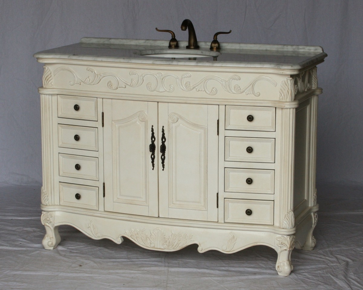 49" Adelina Antique Style Single Sink Bathroom Vanity in Antique White Finish with White Italian Carrara Marble Countertop