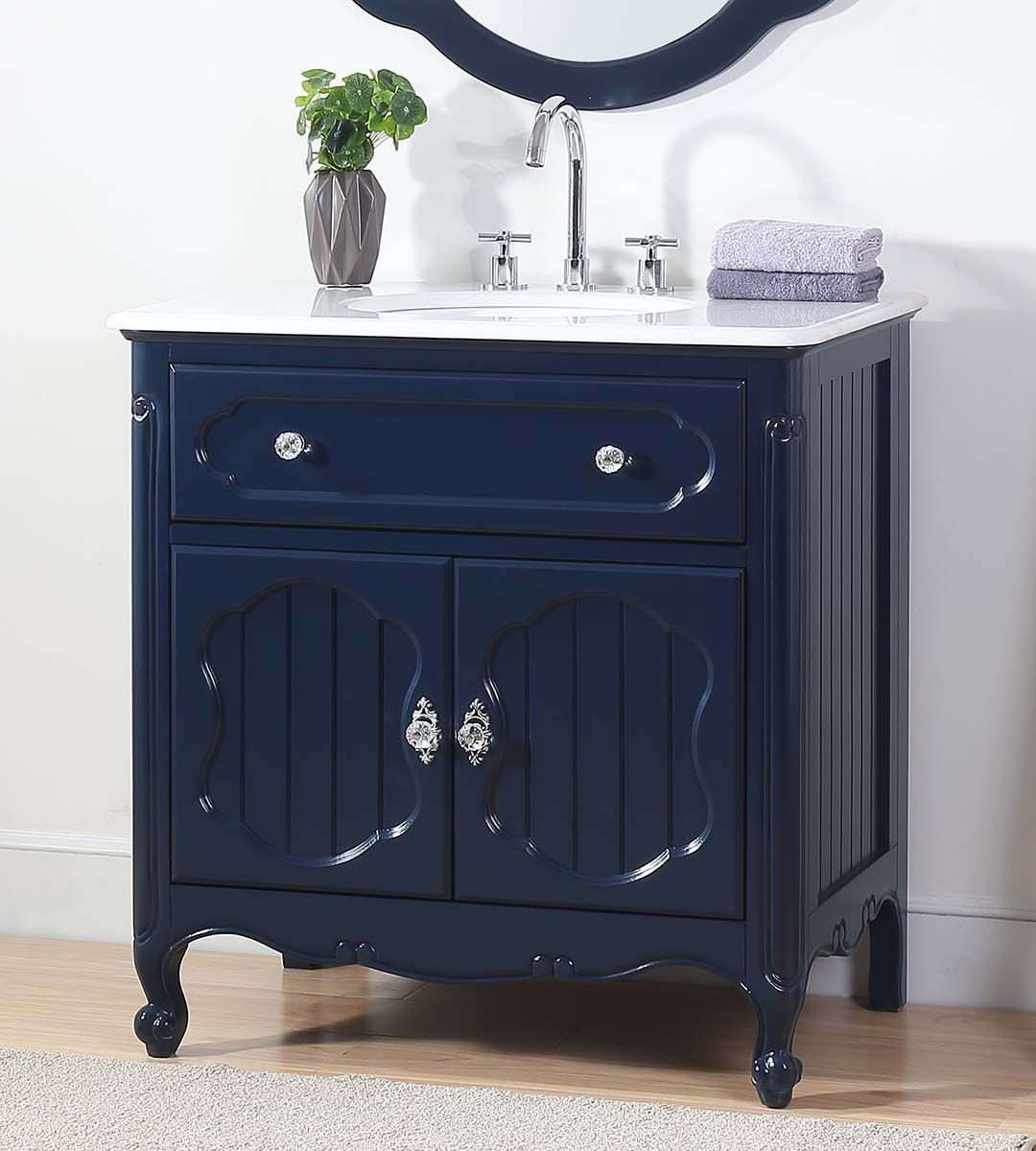 34" Navy Blue Bathroom Single Sink Vanity with White Marble Countertop 34" Navy Blue Bathroom Single Sink Vanity with White Marble Countertop