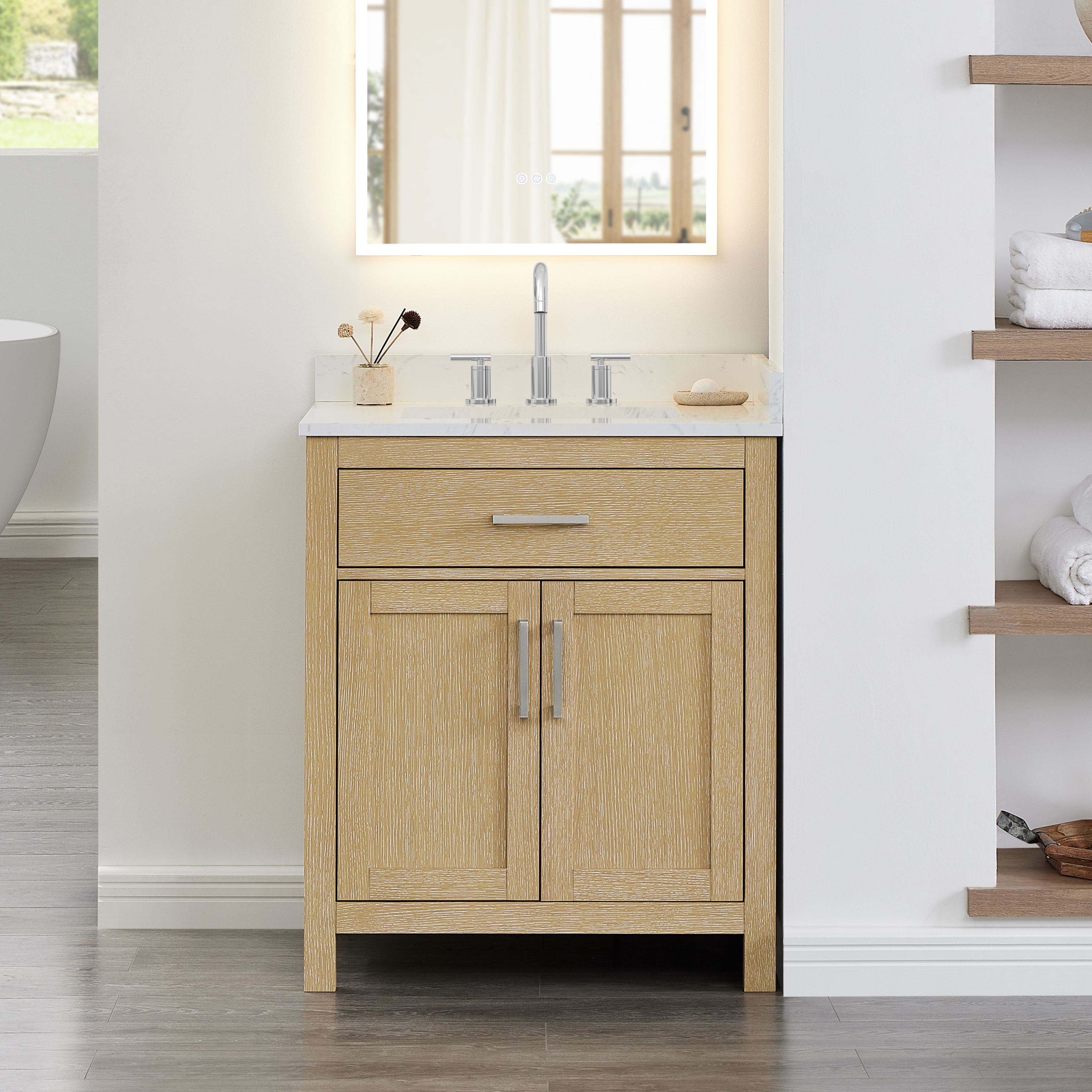 30 Inch Single Bathroom Vanity in Whitewashed Oak, Brushed Nickel Trim with 3 Hardware Options and Countertop Options