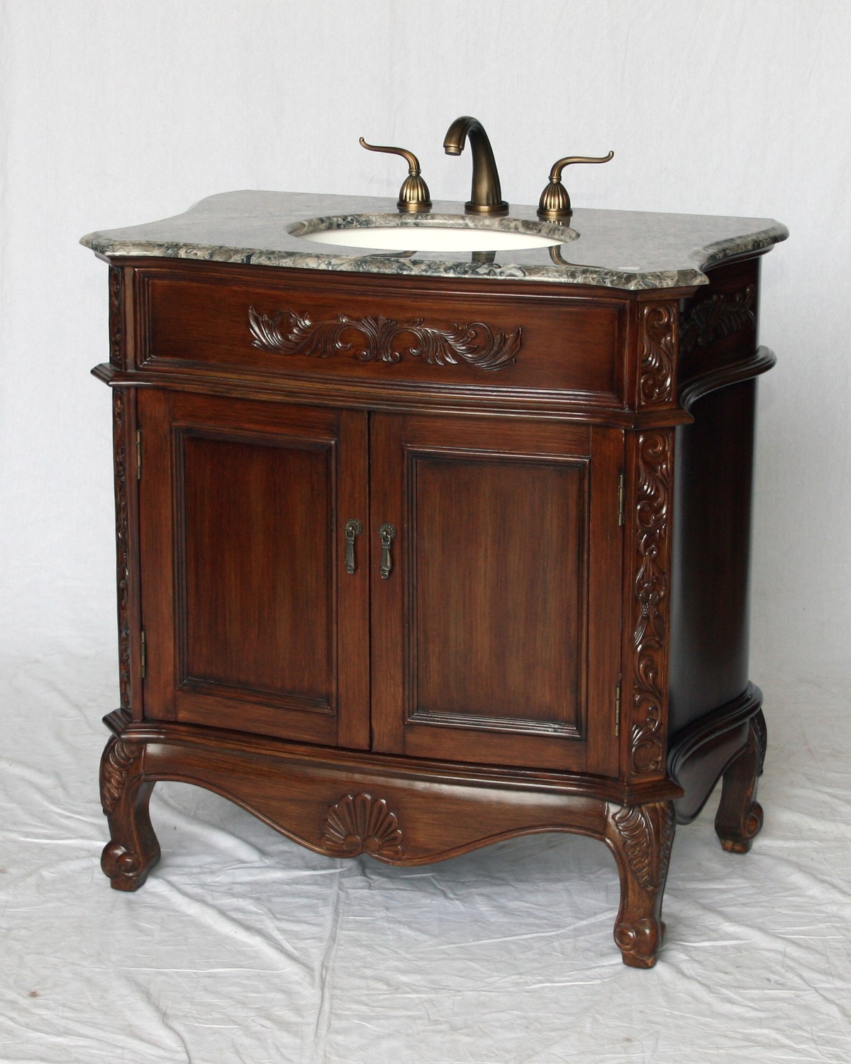 34" Adelina Antique Style Single Sink Bathroom Vanity with Gray Granite Countertop and Walnut Finish