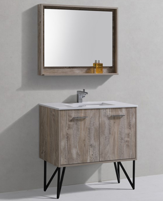 Modern Lux 36" Nature Wood Bathroom Vanity w/ Quartz Countertop and Matching Mirror
