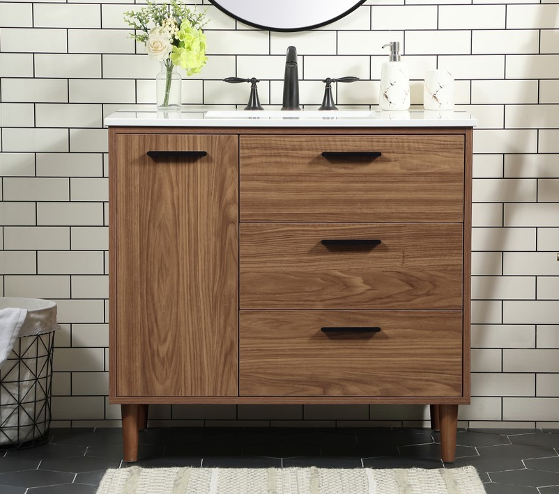 36 inch Modern Fitting Single Bathroom Vanity in Walnut Brown with Backsplash Option
