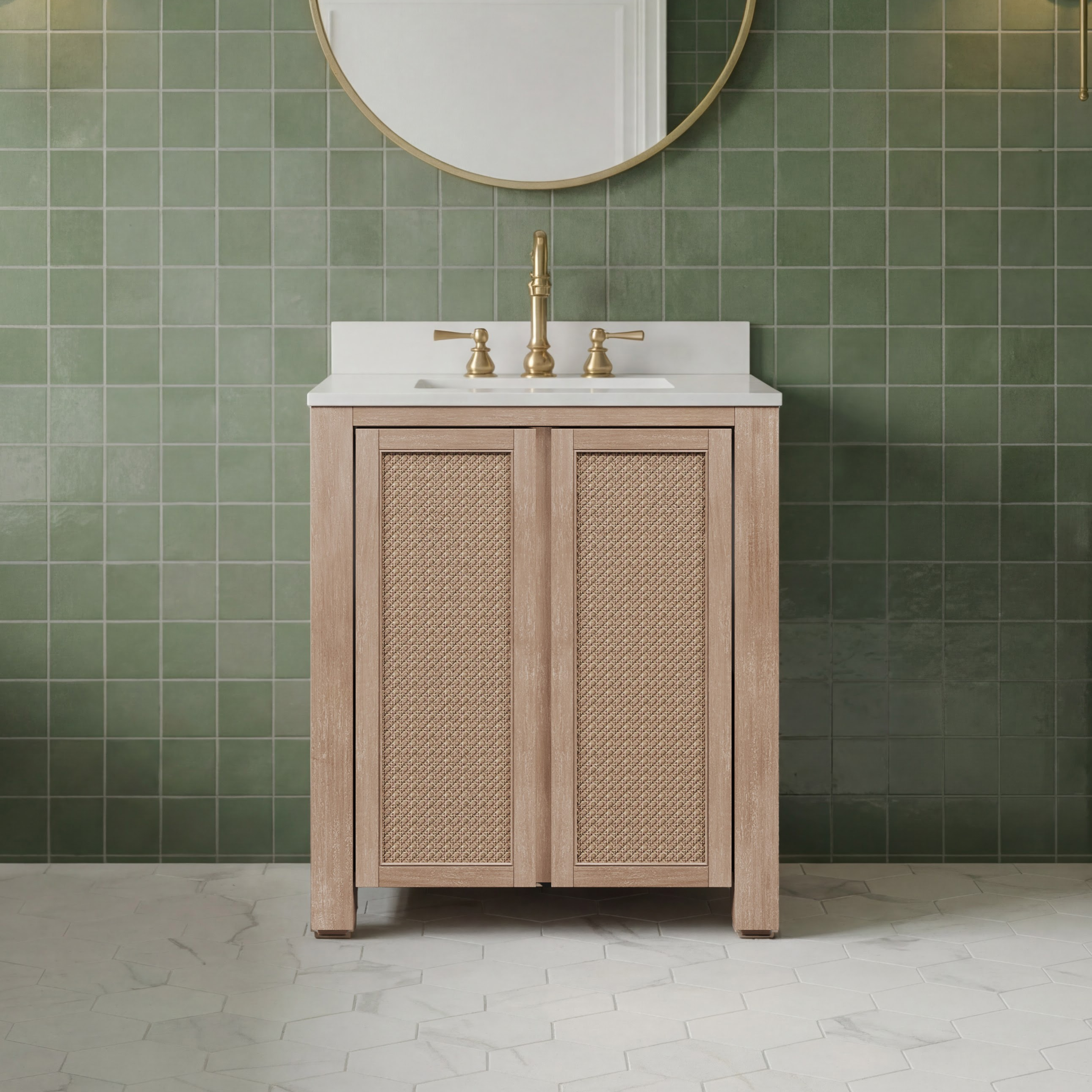 30" Single Sink Free Standing Toffee Latte Bath Vanity with White Marble Top Assembled, with Medicine Cabinet and Linen Cabinet Options