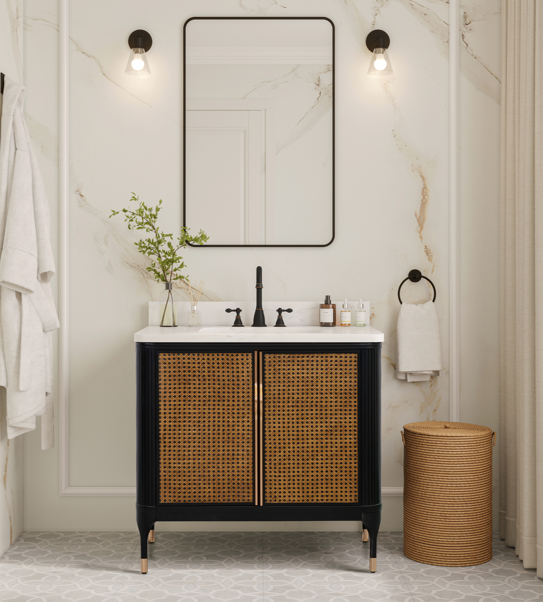 Issac Edwards Rustic Modern 36" Single Bathroom Vanity in Black Birch with 1" Thick White Stone Top