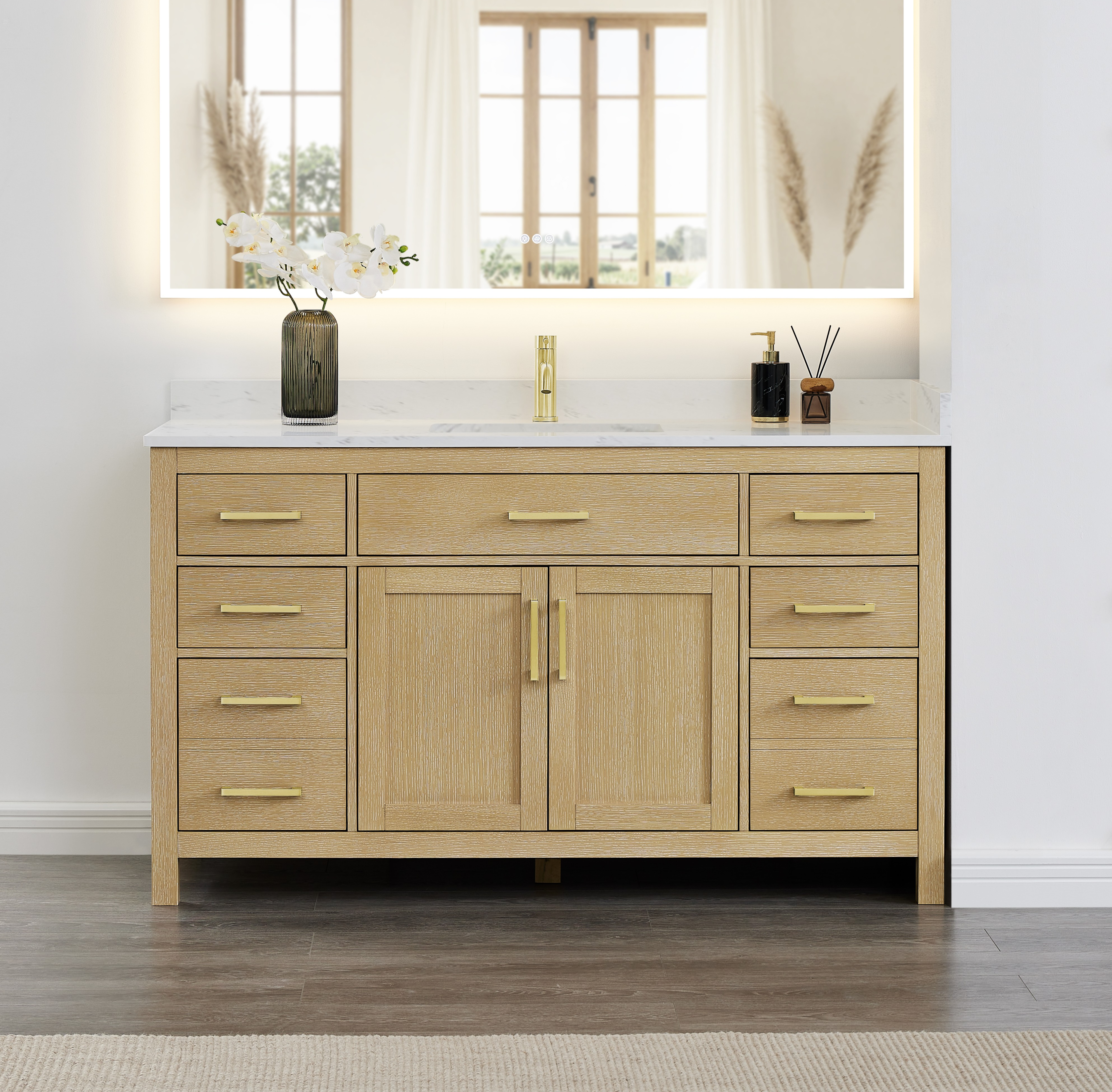 60 Inch Single Bathroom Vanity in Whitewashed Oak, Brushed Nickel Trim with 3 Hardware Options and Countertop Options