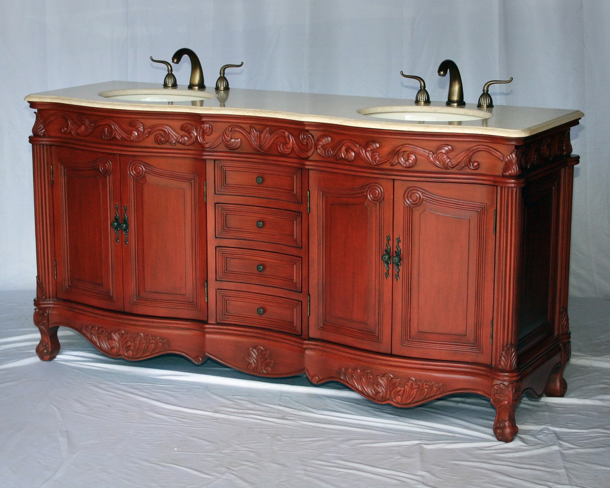 60" Adelina Antique Style Double Sink Bathroom Vanity in Cherry Finish with Beige Stone Countertop and Oval Bone Porcelain Sink