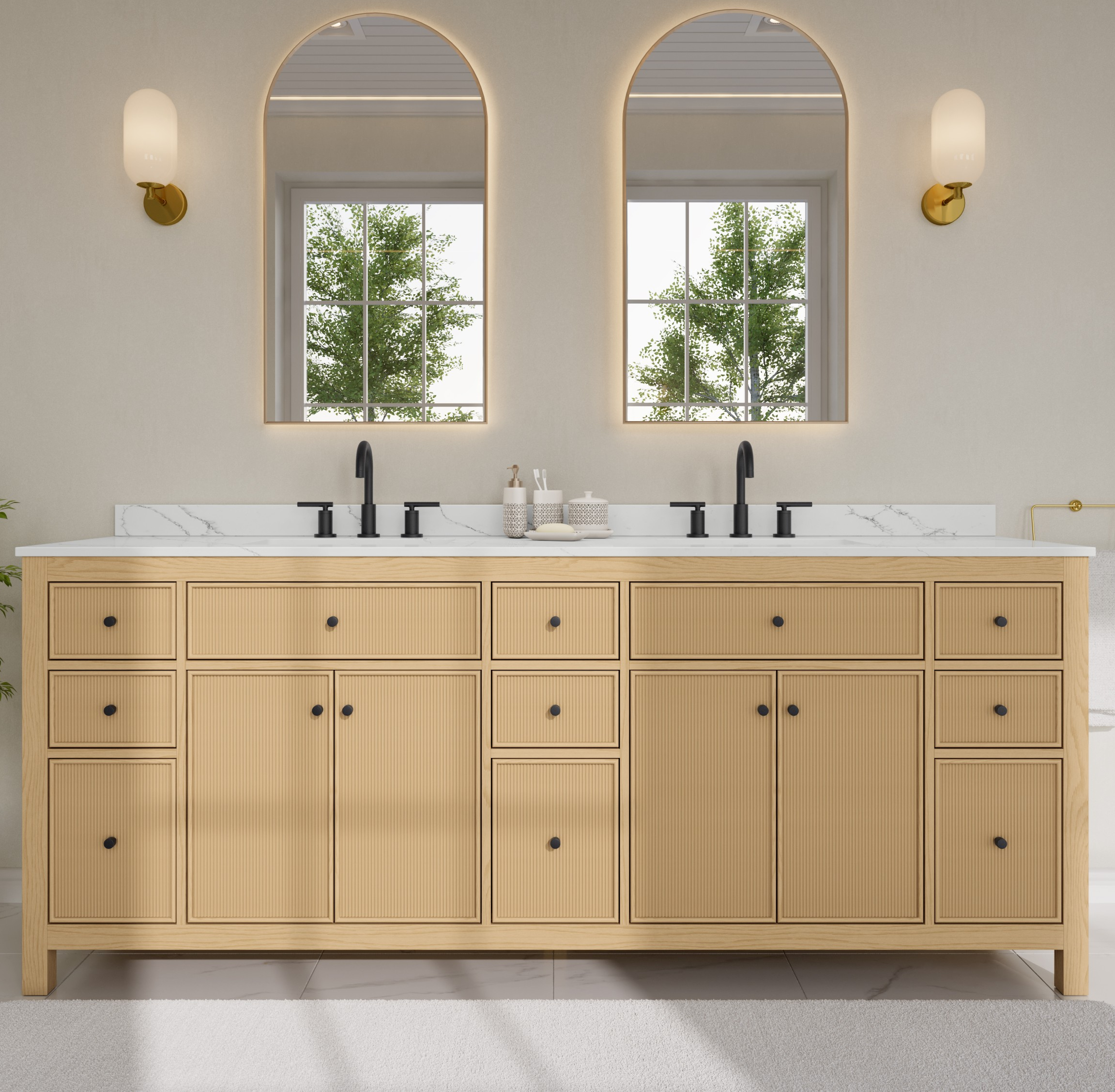 84 Inch Double Bathroom Vanity in Tanned Oak, Matte Black Trim with 3 Hardware Options and Countertop Options
