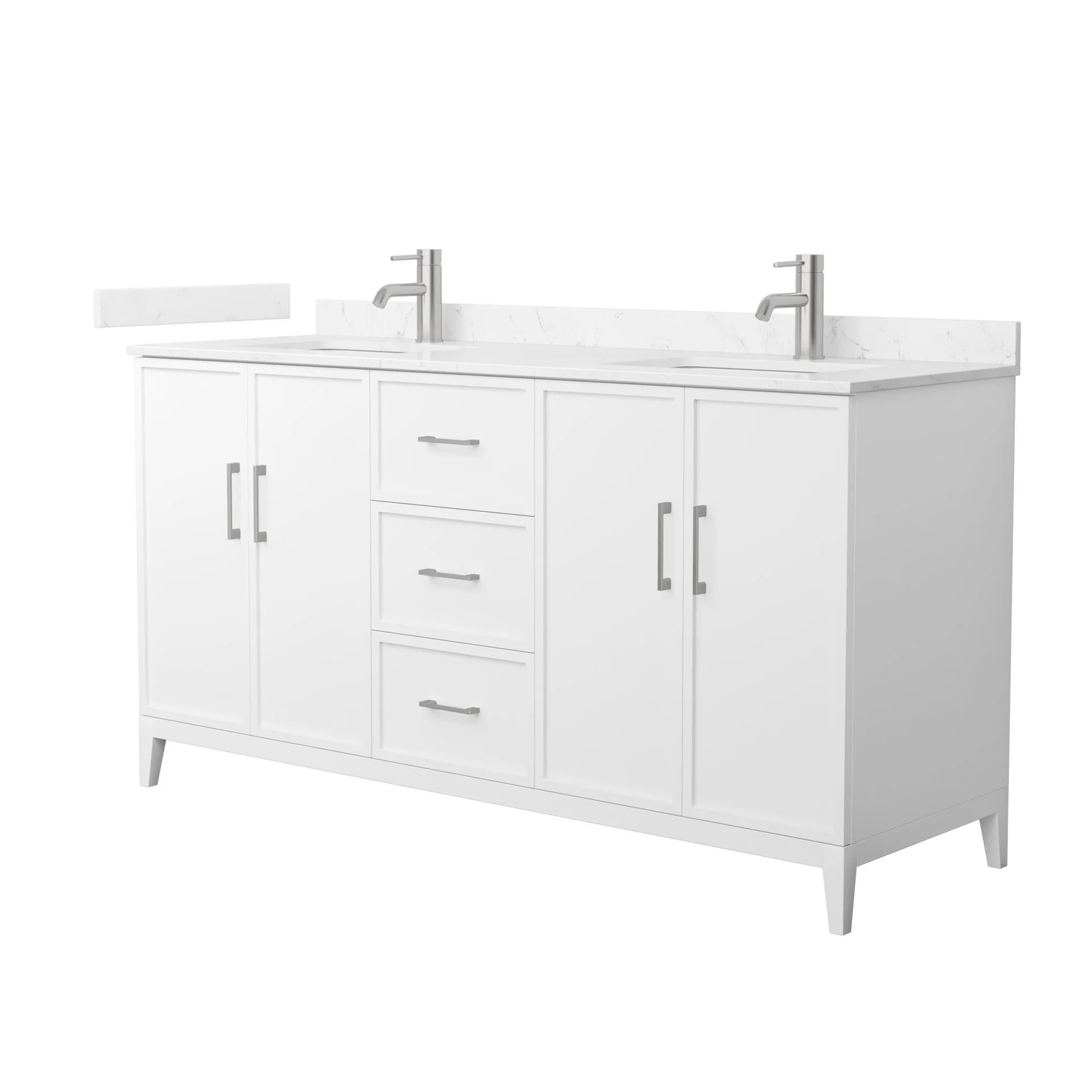 66" Transitional Double Vanity Base in White, 7 Top Options with 2 Hardware Option