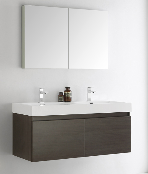 48" Gray Oak Wall Hung Double Sink Modern Bathroom Vanity with Faucet, Medicine Cabinet and Linen Side Cabinet Option