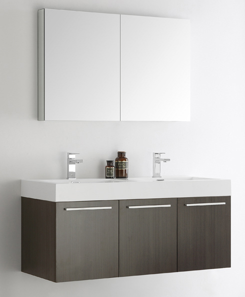 48" Gray Oak Wall Hung Double Modern Bathroom Vanity with Faucet, Medicine Cabinet and Linen Side Cabinet Option