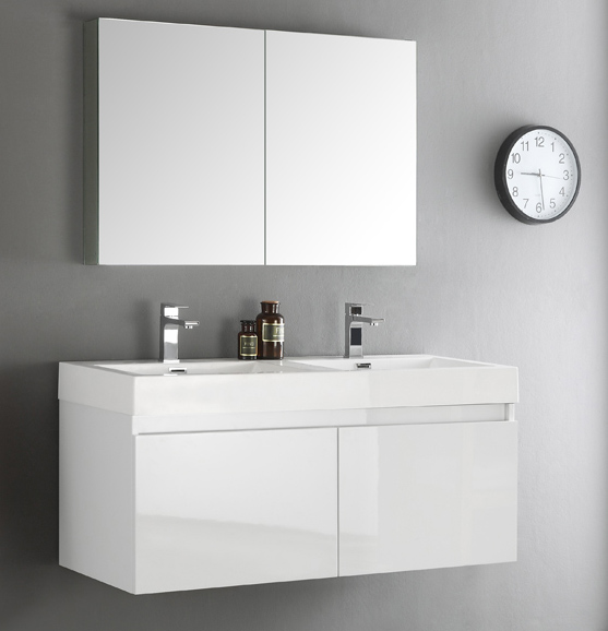 48" White Wall Hung Double Sinks Modern Bathroom Vanity with Faucet, Medicine Cabinet and Linen Side Cabinet Option