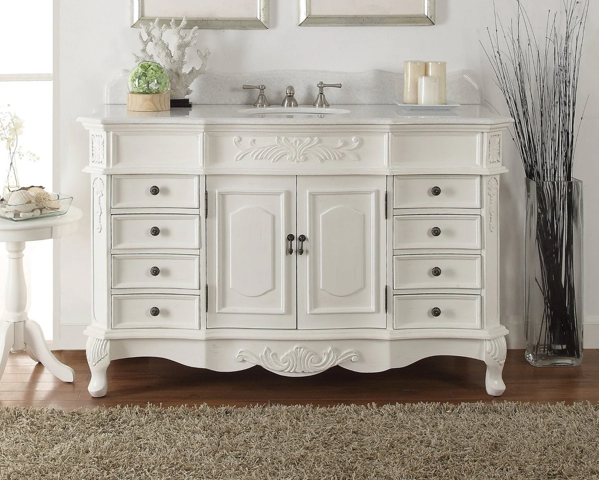 Adelina 56" Antique Style White Single Sink Bathroom Vanity with Quartz top, Backsplash and Mirror Option