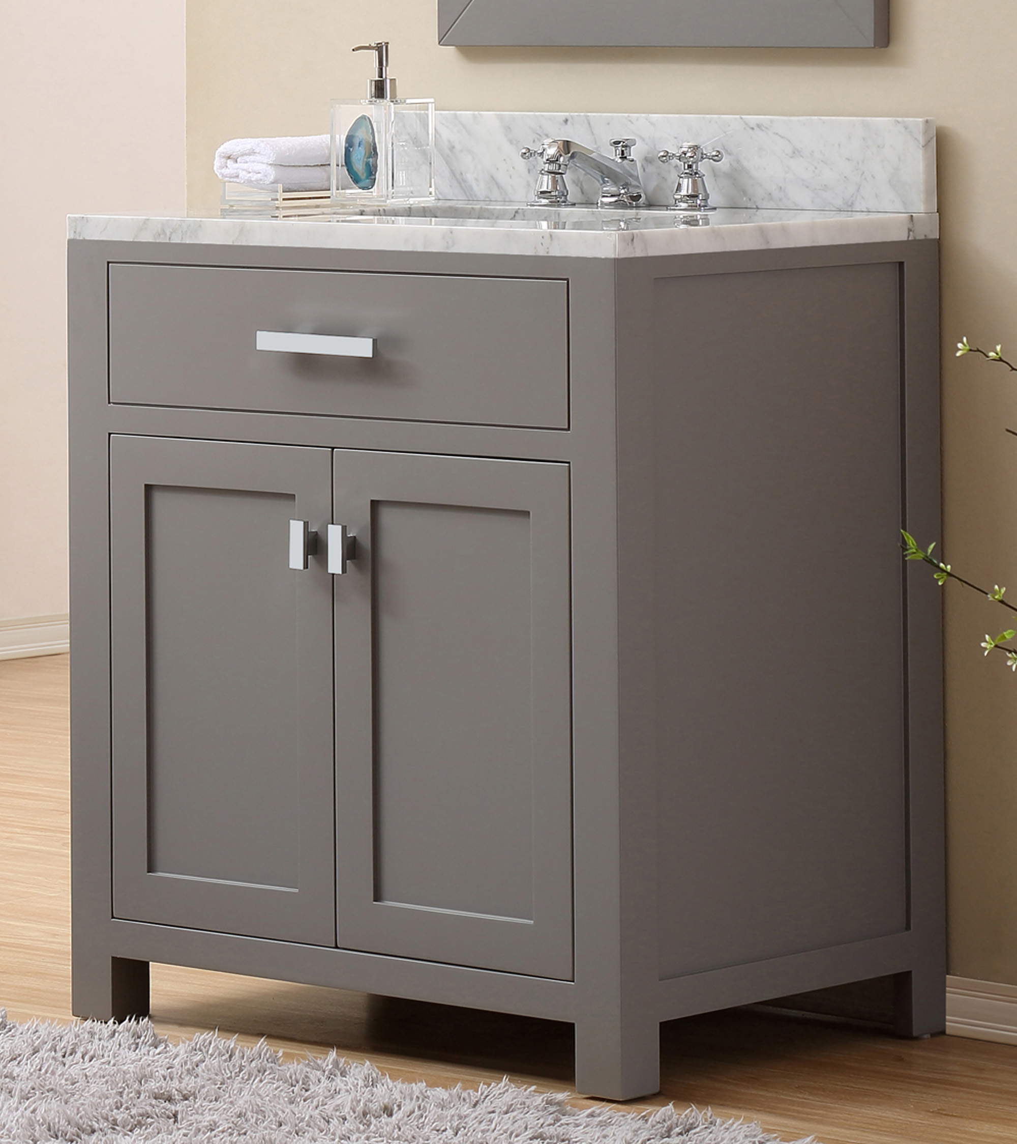 30" Cashmere Grey Single Sink Bathroom Vanity with Carrara White Marble Top