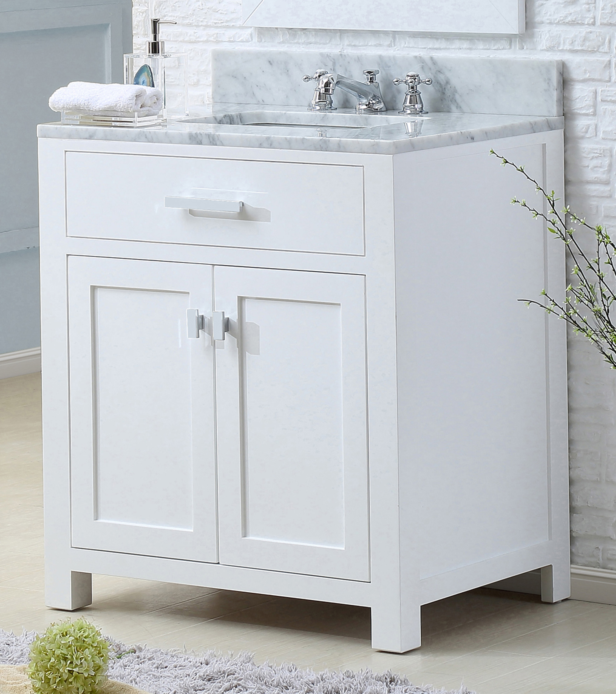 30" Pure White Single Sink Bathroom Vanity with Carrara White Marble Top