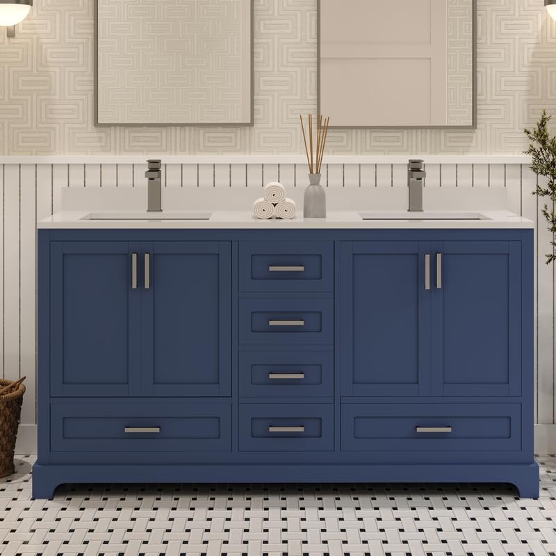 LV 60" Transitional Double Bath Vanity in Navy Blue with 3 Hardware Options, Base Only, and Top Option