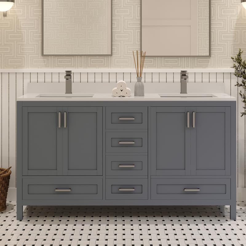 LV 60" Transitional Double Bath Vanity in Charcoal Grey with 3 Hardware Options, Base only, and Top Option