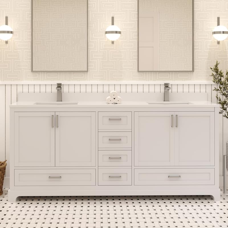 LV 72" Transitional Double Bath Vanity in White with 3 Hardware Options, Base Only, and Top Option