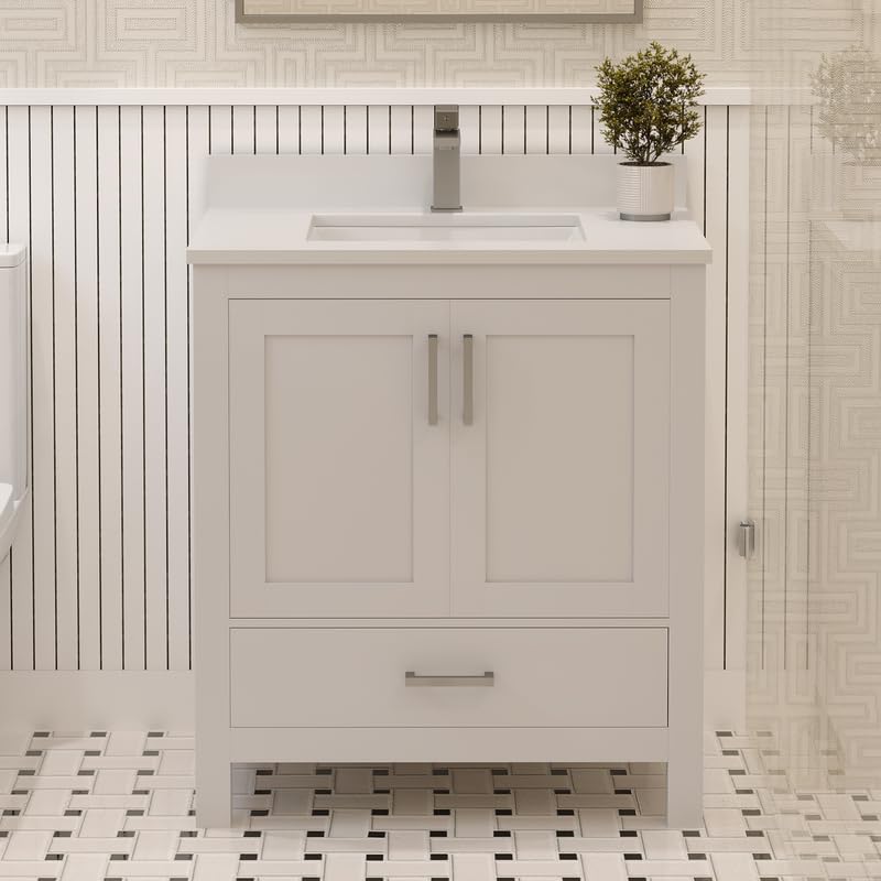 LV 30" Transitional Single Bath Vanity in White Finish with 3 Hardware Options, Base only, and Top Option