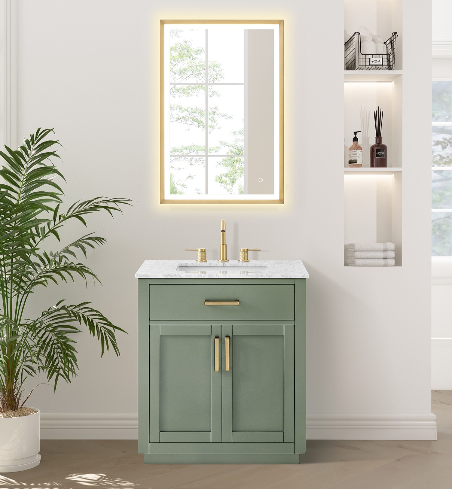 Issac Edwards Collection 30" Single Bathroom Vanity Set in Vintage Green and Carrara White Marble Countertop with Mirror Option