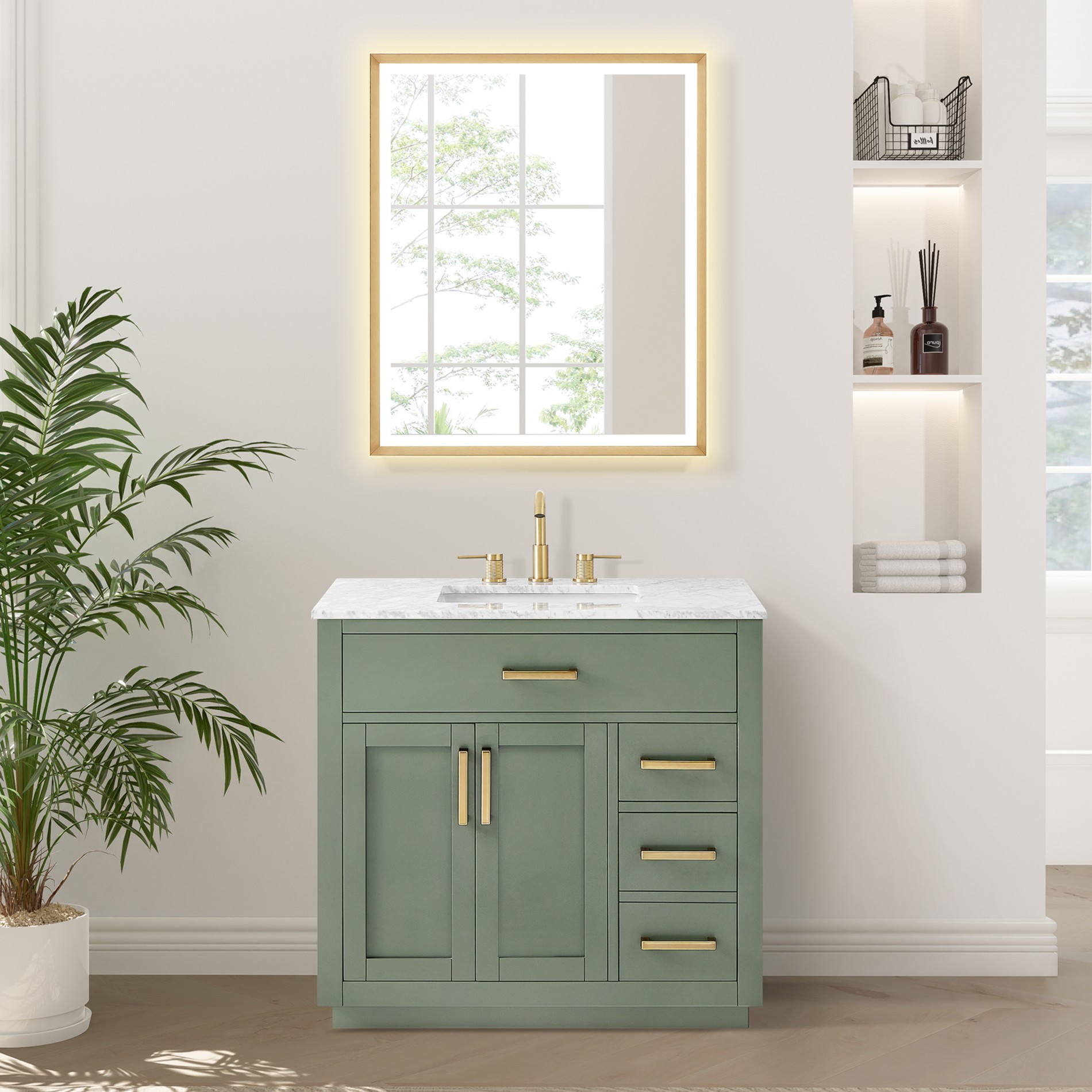Issac Edwards Collection 36" Single Bathroom Vanity Set in Vintage Green and Carrara White Marble Countertop with Mirror Option