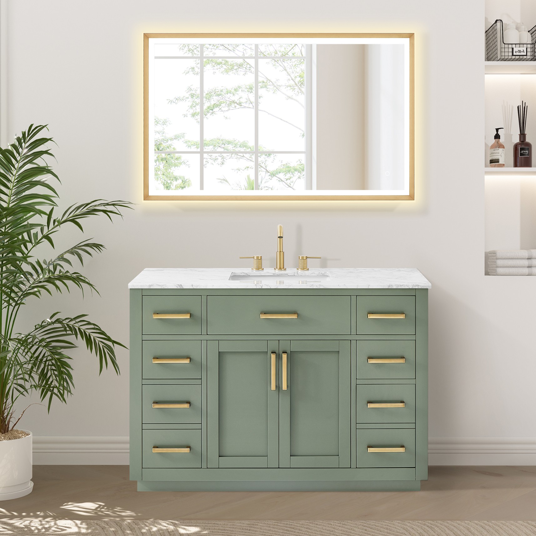 Issac Edwards Collection 48" Single Bathroom Vanity Set in Vintage Green and Carrara White Marble Countertop with Mirror Option