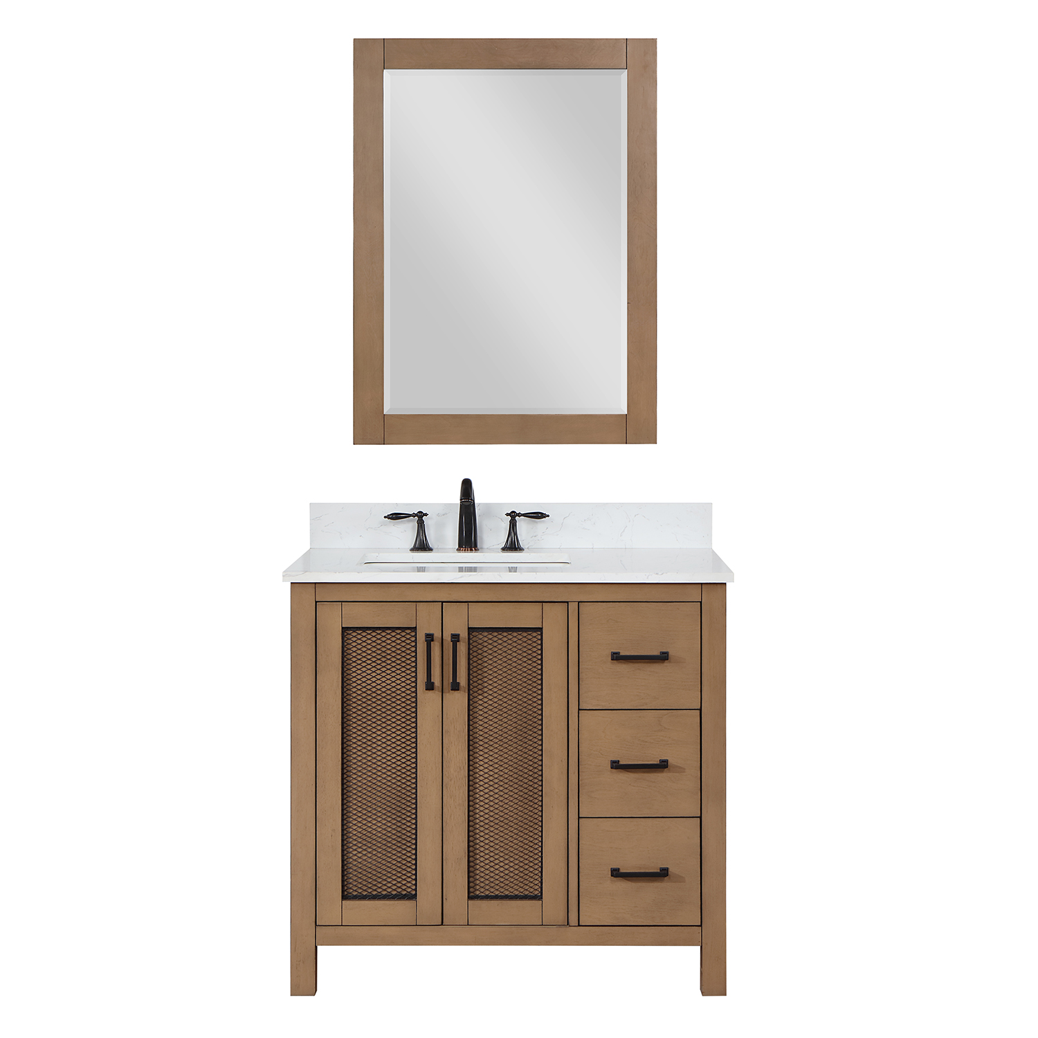 Issac Edwards Collection 36" Single Bathroom Vanity Set in Brown Pine with Carrara White Composite Stone Countertop without Mirror 