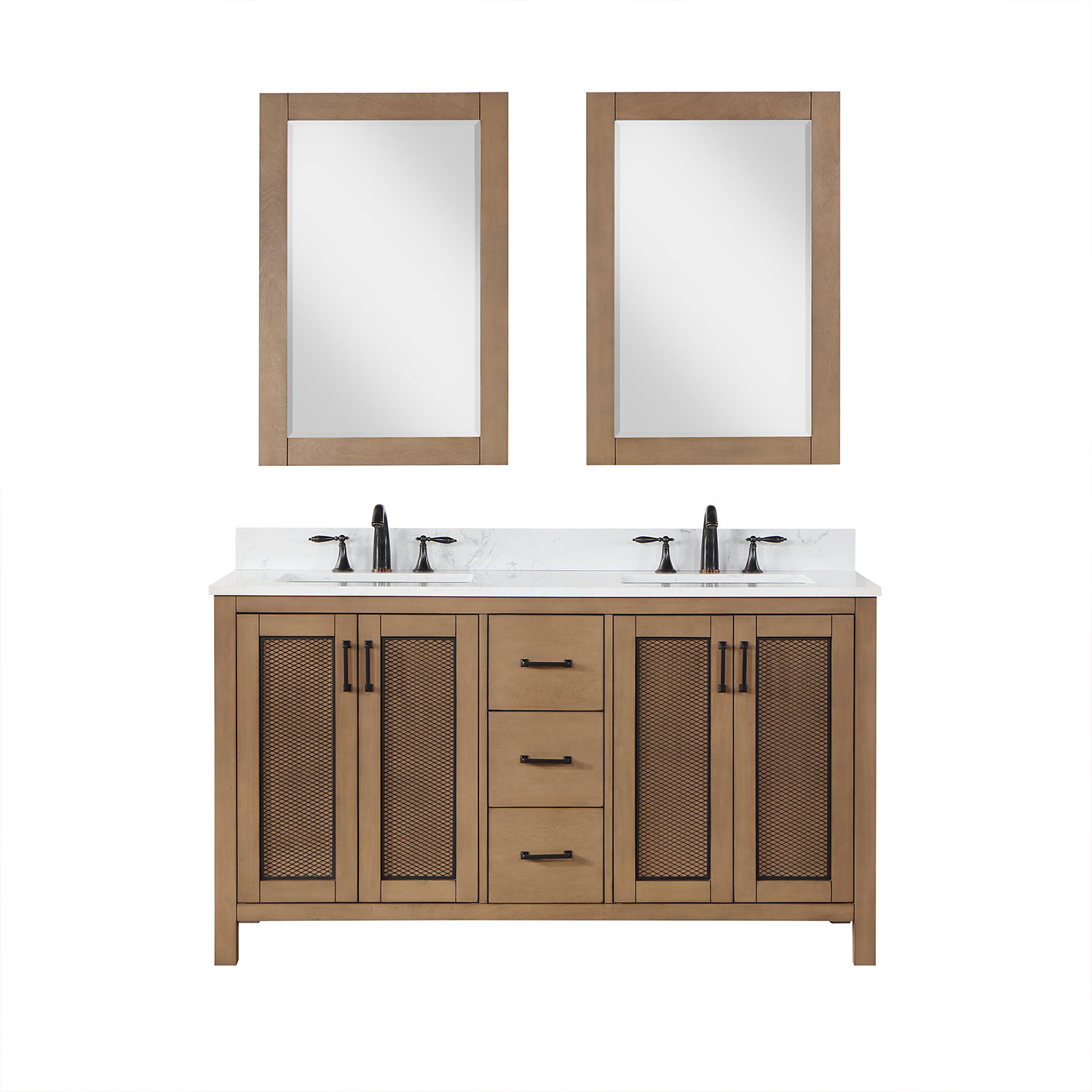 Issac Edwards Collection 60" Double Bathroom Vanity Set in Brown Pine with Carrara White Composite Stone Countertop without Mirror 