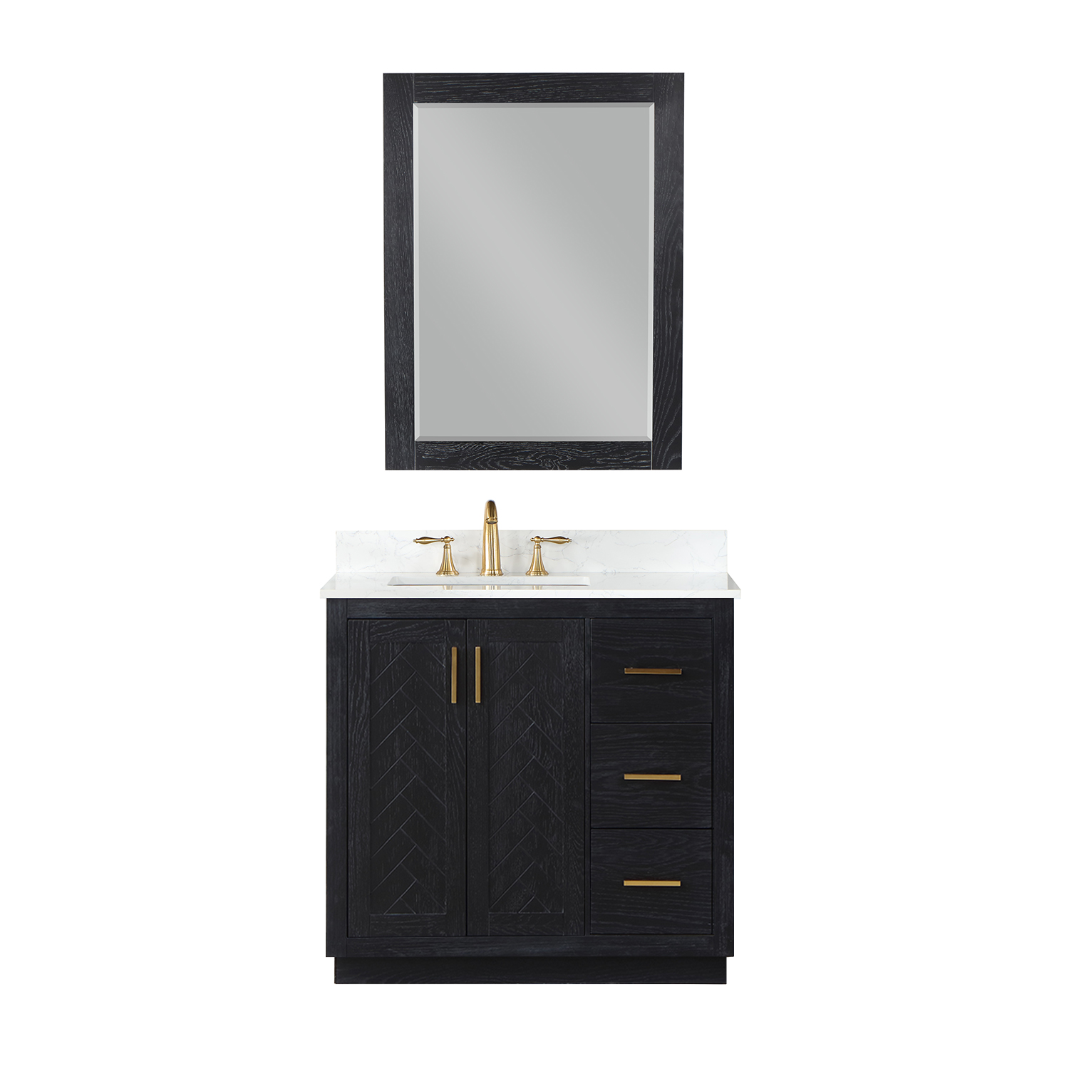 Issac Edwards Collection 36" Single Bathroom Vanity Set in Black Oak with Grain White Composite Stone Countertop without Mirror 