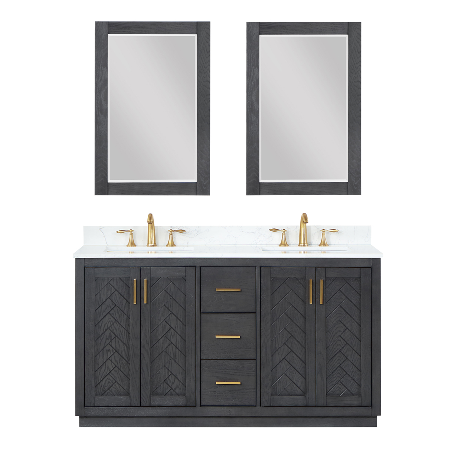 Issac Edwards Collection 72" Double Bathroom Vanity Set in Black Oak with Grain White Composite Stone Countertop without Mirror
